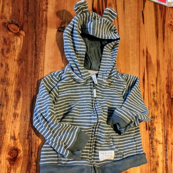 Adorable bear ears zip up jacket, slate blue and white, striped, size 18 mos - Picture 4 of 7